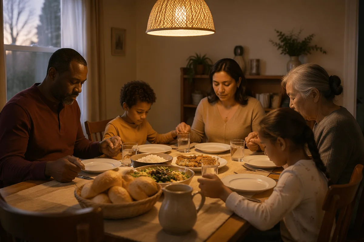 Family Holding Hands in Dinner Prayer