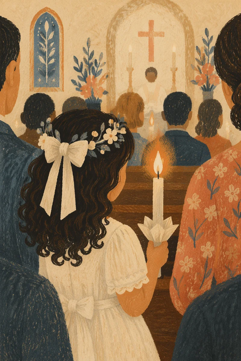 First Communion Child with Candle in Church
