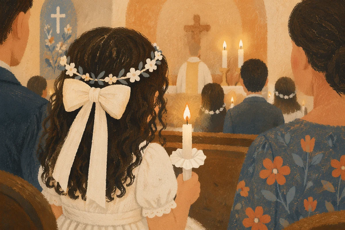 First Communion Child Holding Lit Candle