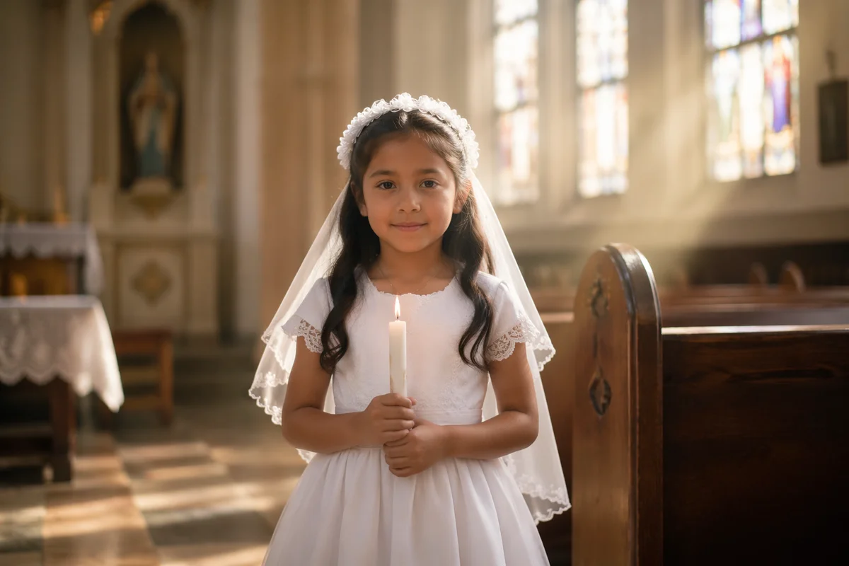 Young Girl Holding Candle in Chapel