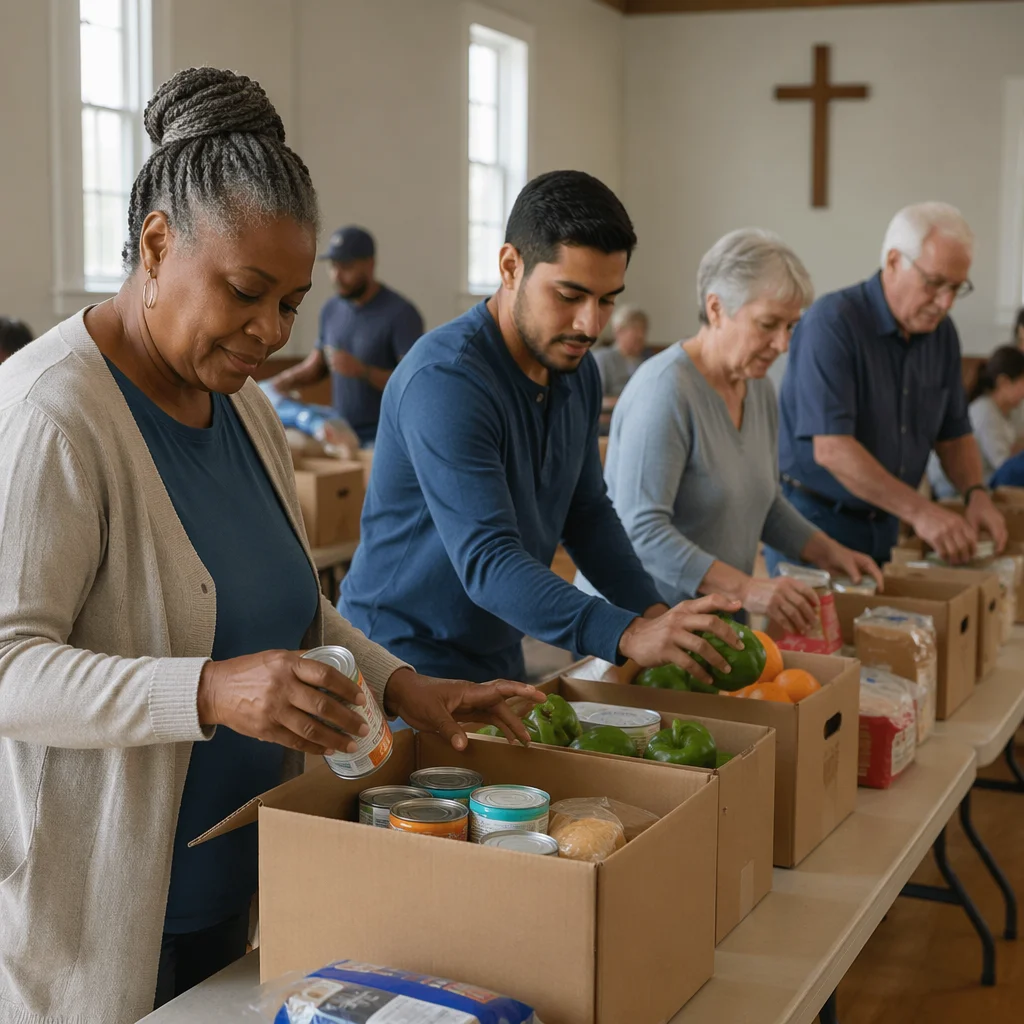Volunteers Sorting Food Donations Indoors