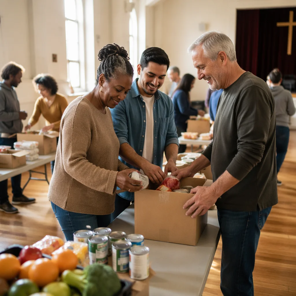 Volunteers Sorting Food Donations in Hall