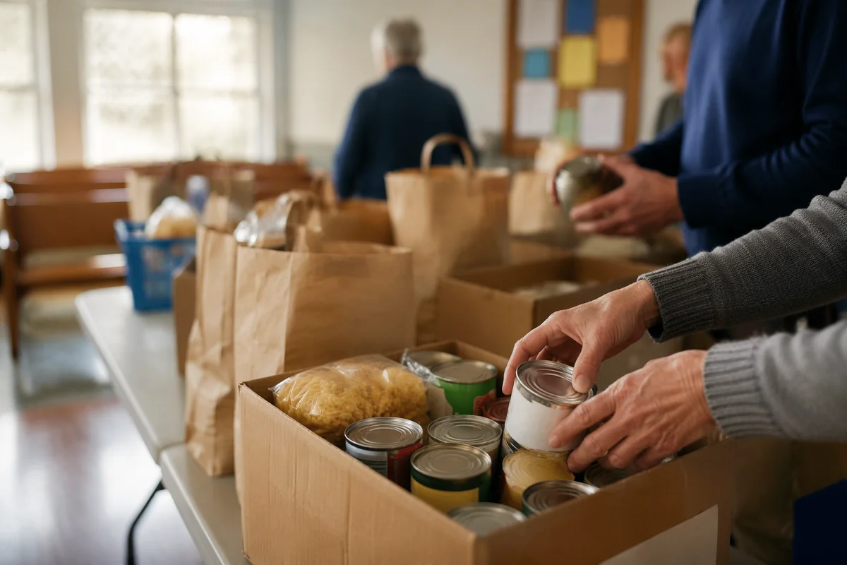 Church Food Drive Collection in Fellowship Hall