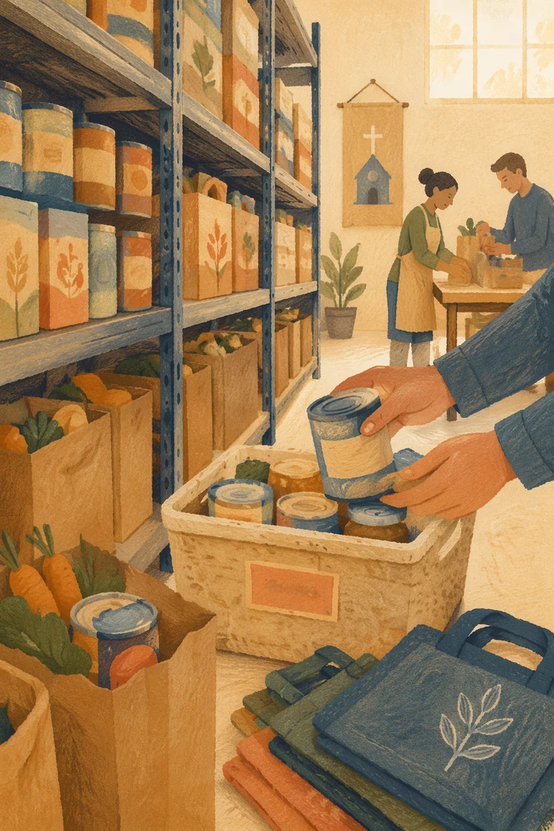 Church Food Pantry Shelves and Volunteers