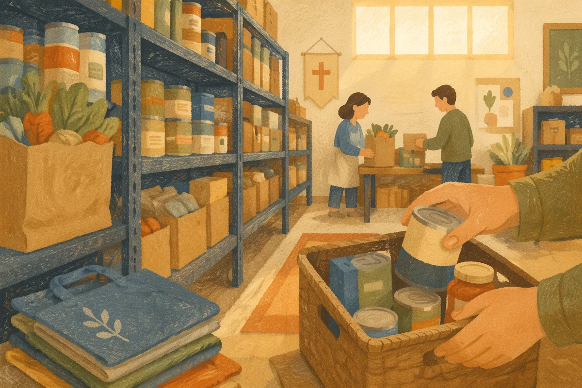 Organized Church Food Pantry with Volunteer Hands
