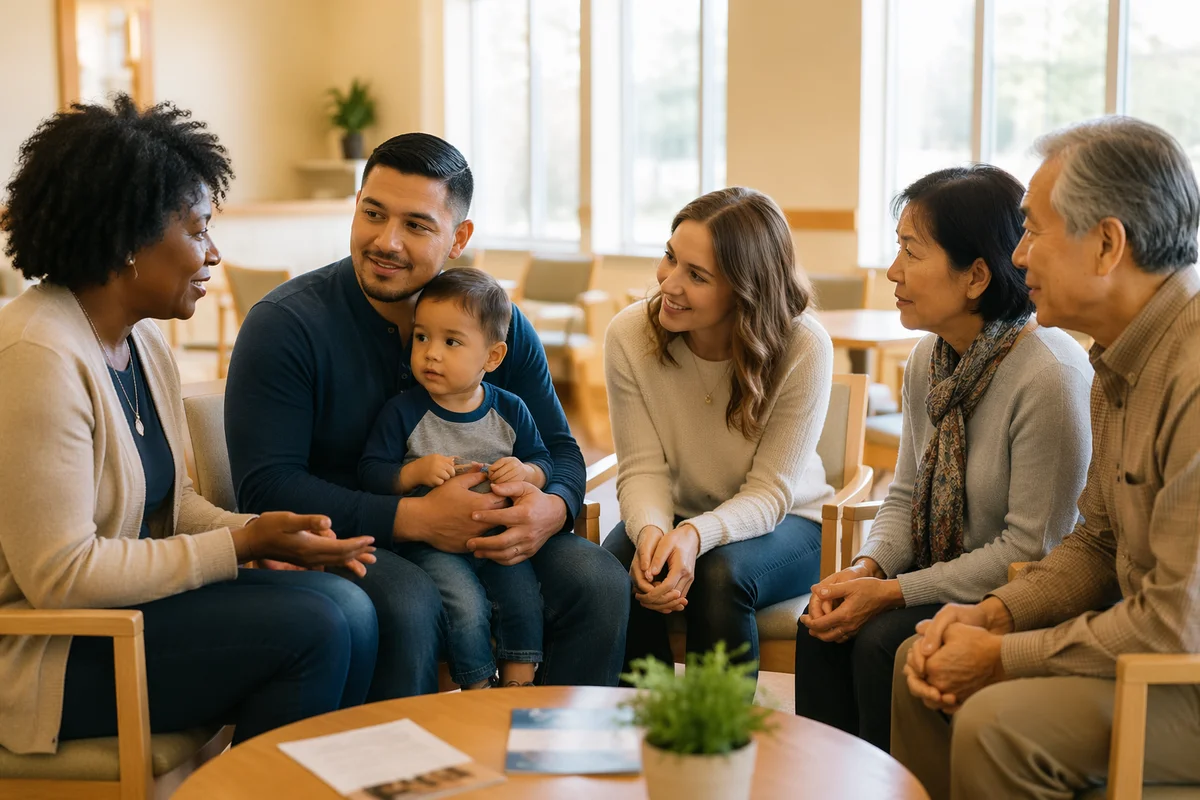 Supportive Family Gathering in Bright Community Room