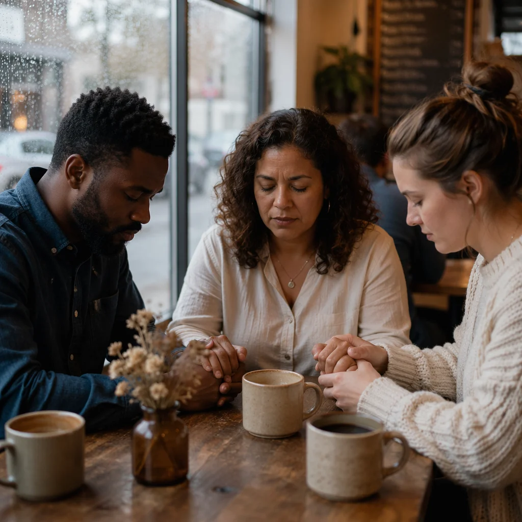 Three Friends Praying in Cozy Coffee Shop