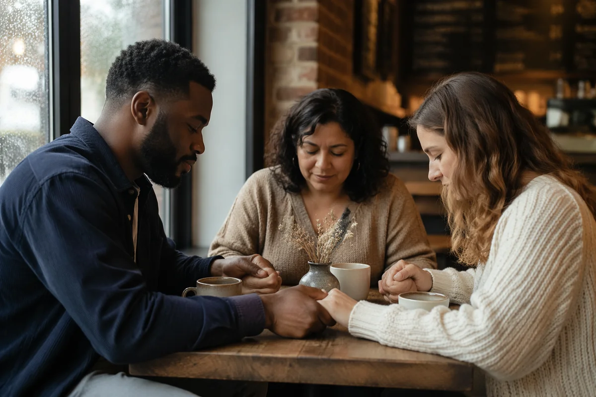 Three Friends Praying in Cozy Coffee Shop