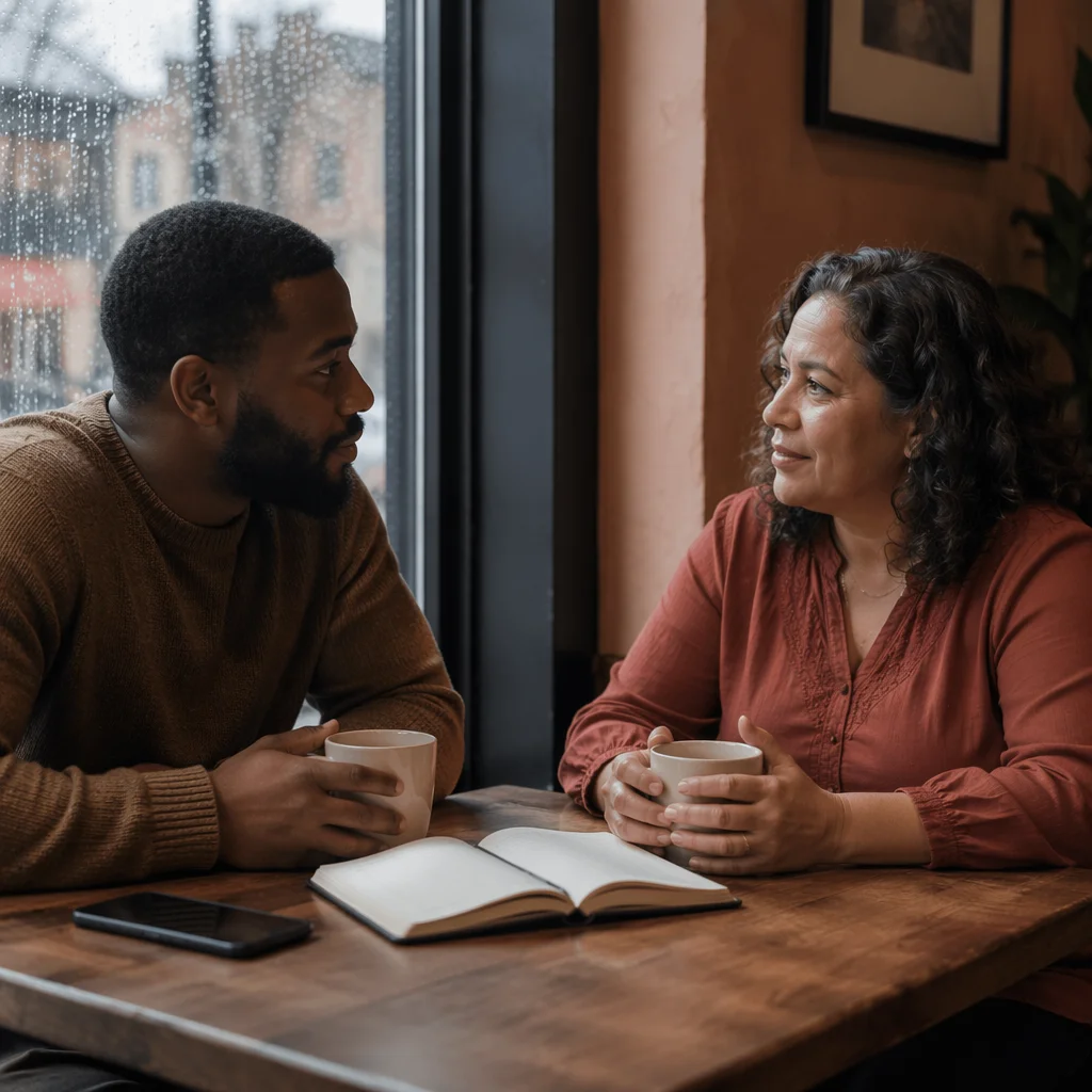 Two Friends Talking in Coffee Shop