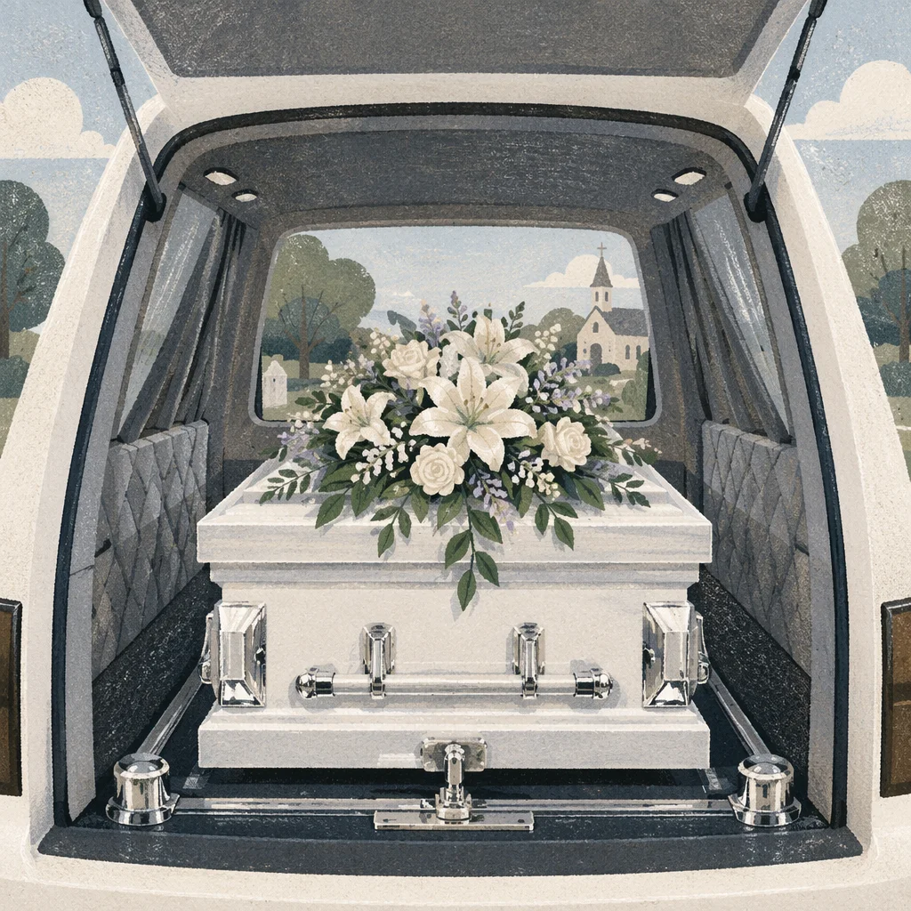 White Casket with Memorial Flowers