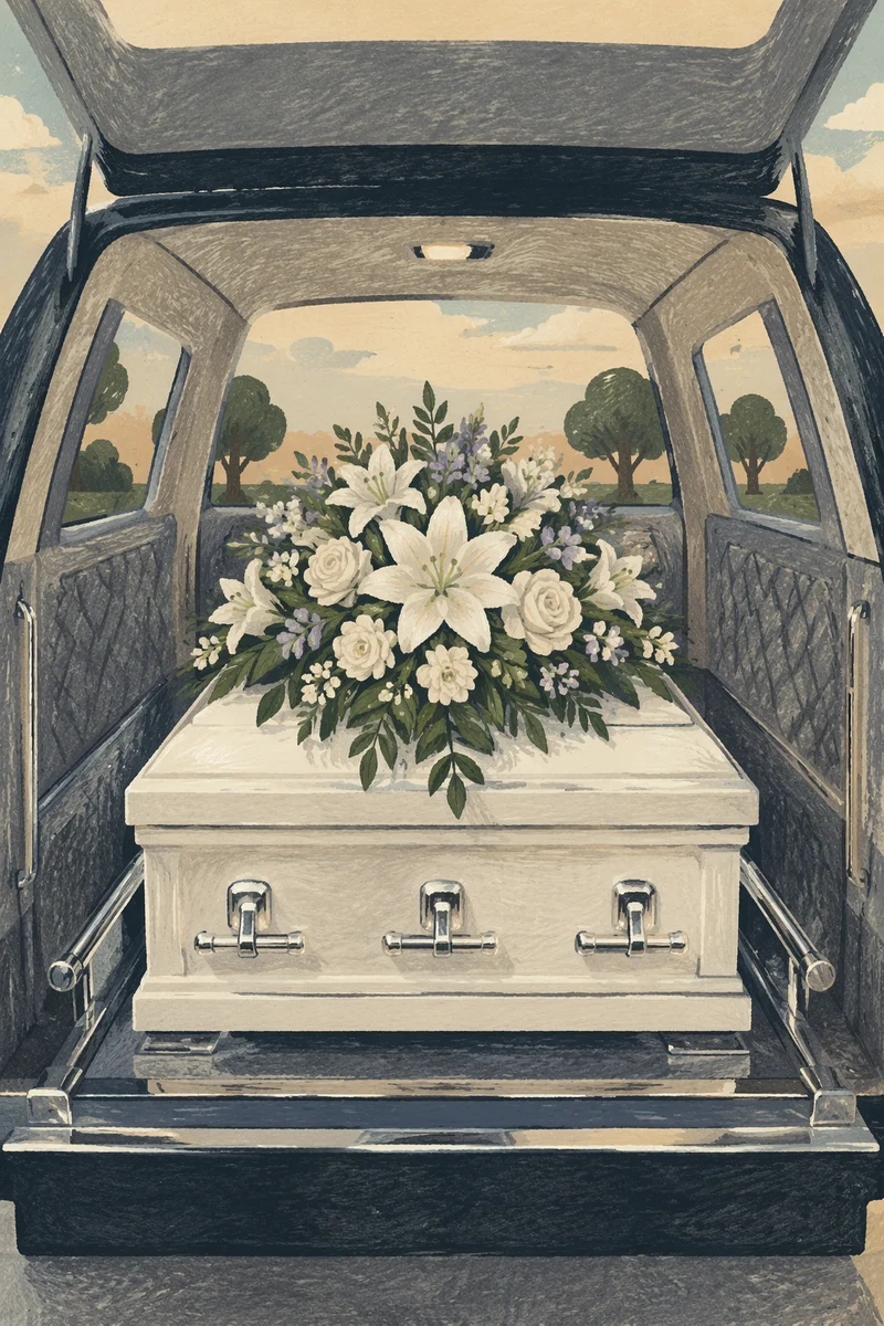 White Casket with Memorial Flowers