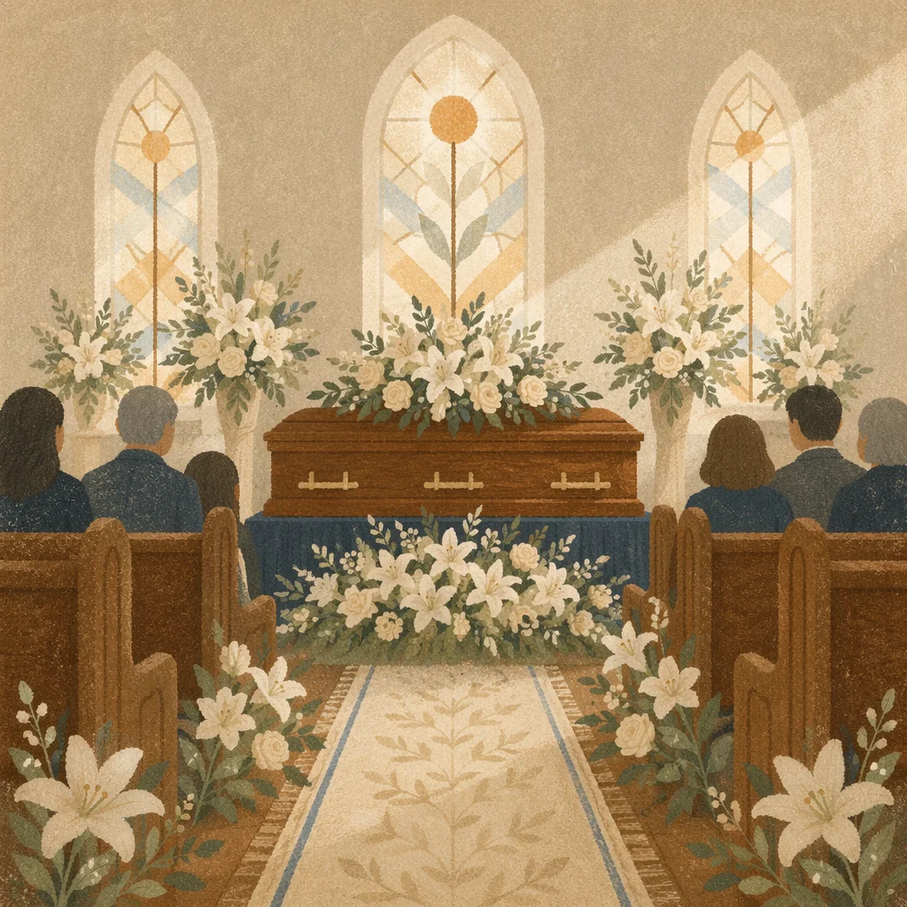 Peaceful Chapel Funeral with White Flowers