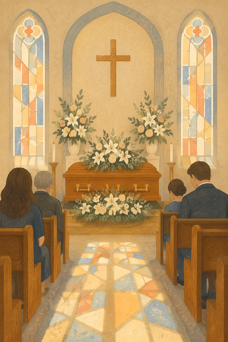 Peaceful Church Funeral with Floral Casket