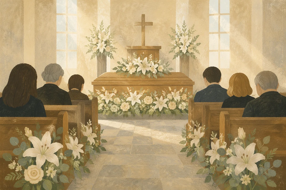 Peaceful Church Funeral with Floral Casket