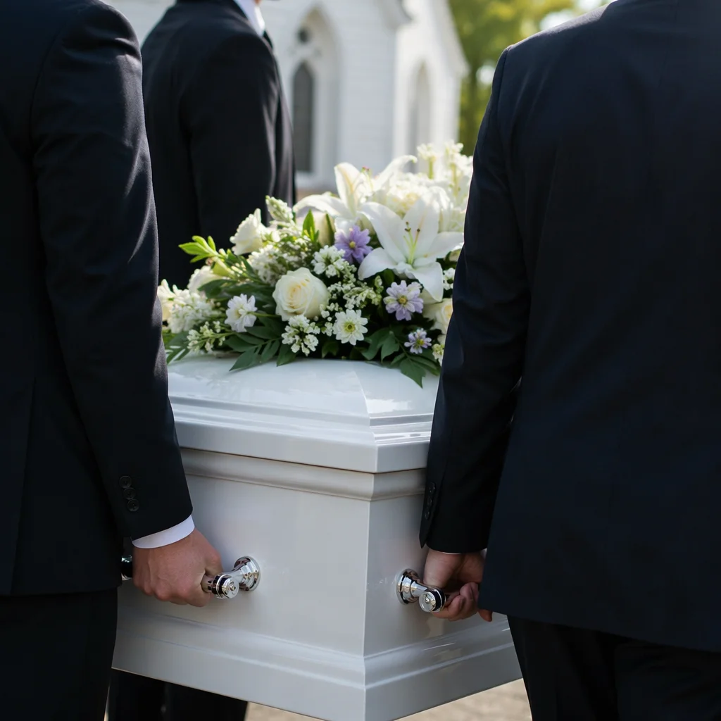 Peaceful Funeral Service Casket With White Flowers