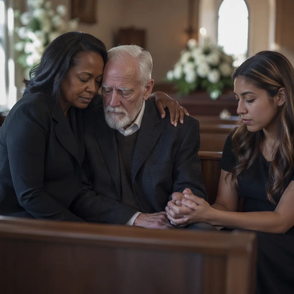 Comforting Embrace During Church Funeral Service