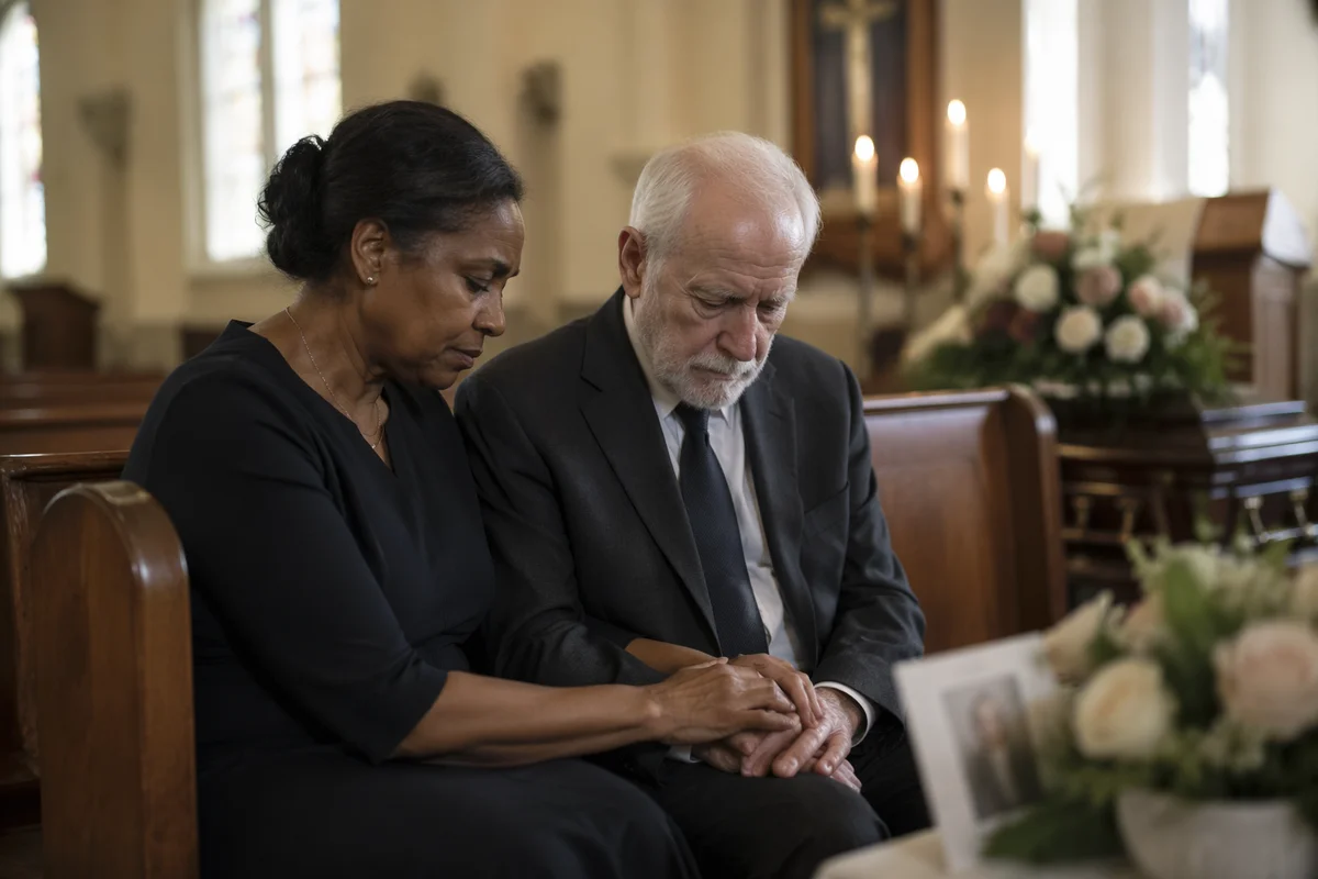Comforting Moment Between Mourners in Church