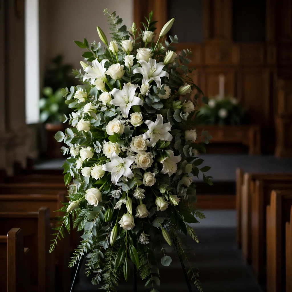 White Lily Funeral Spray in Chapel
