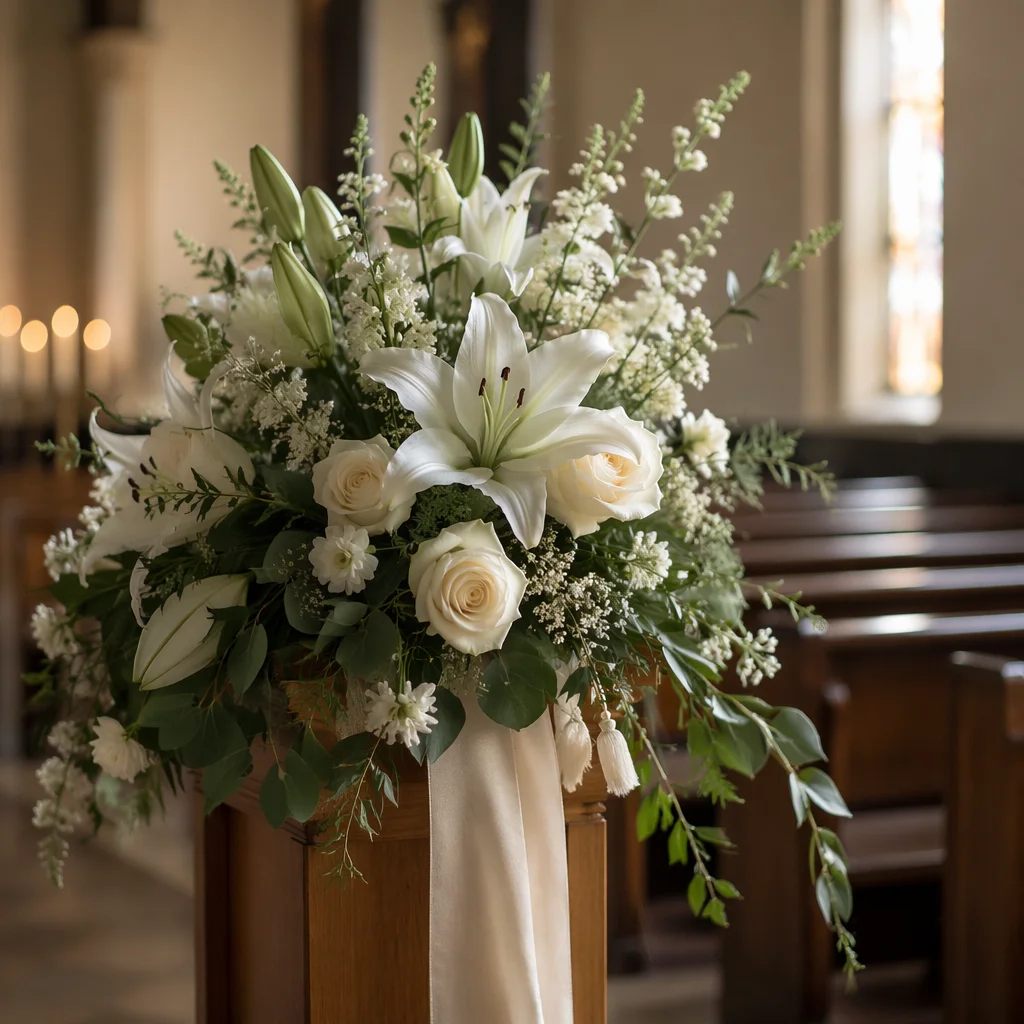 White Lily Sympathy Arrangement in Church