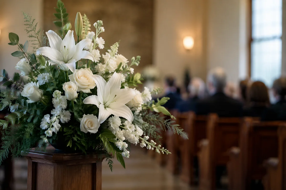 White Lily Sympathy Arrangement in Chapel