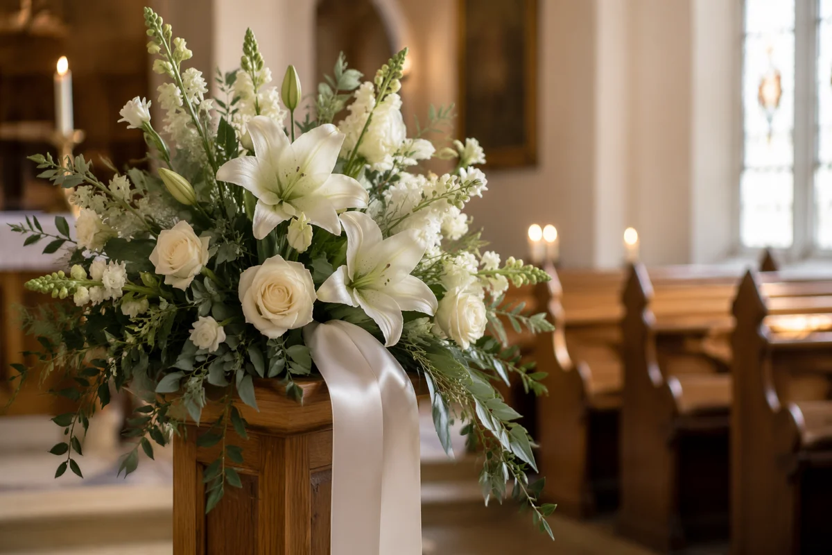 White Lily Sympathy Arrangement in Church