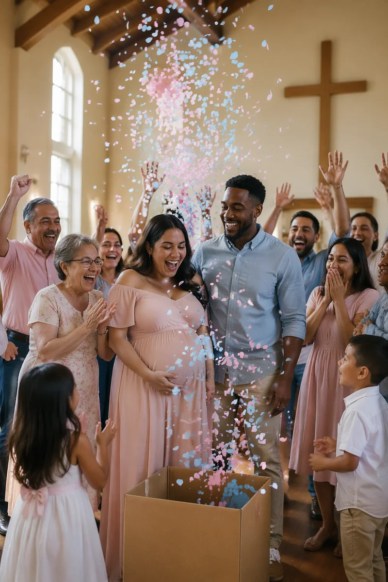 Family Celebrating Gender Reveal With Confetti