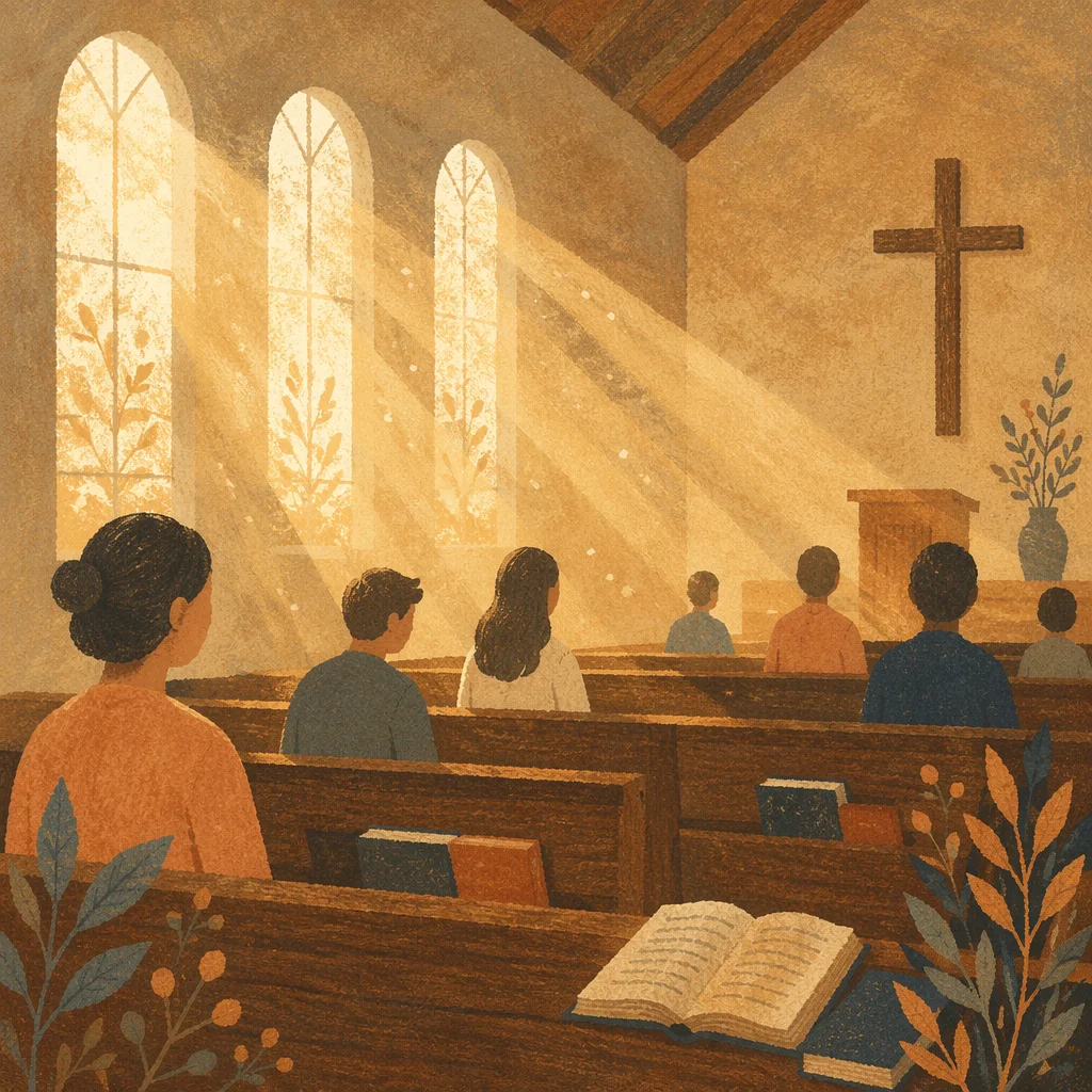 Golden Prayer Light in Wooden Chapel