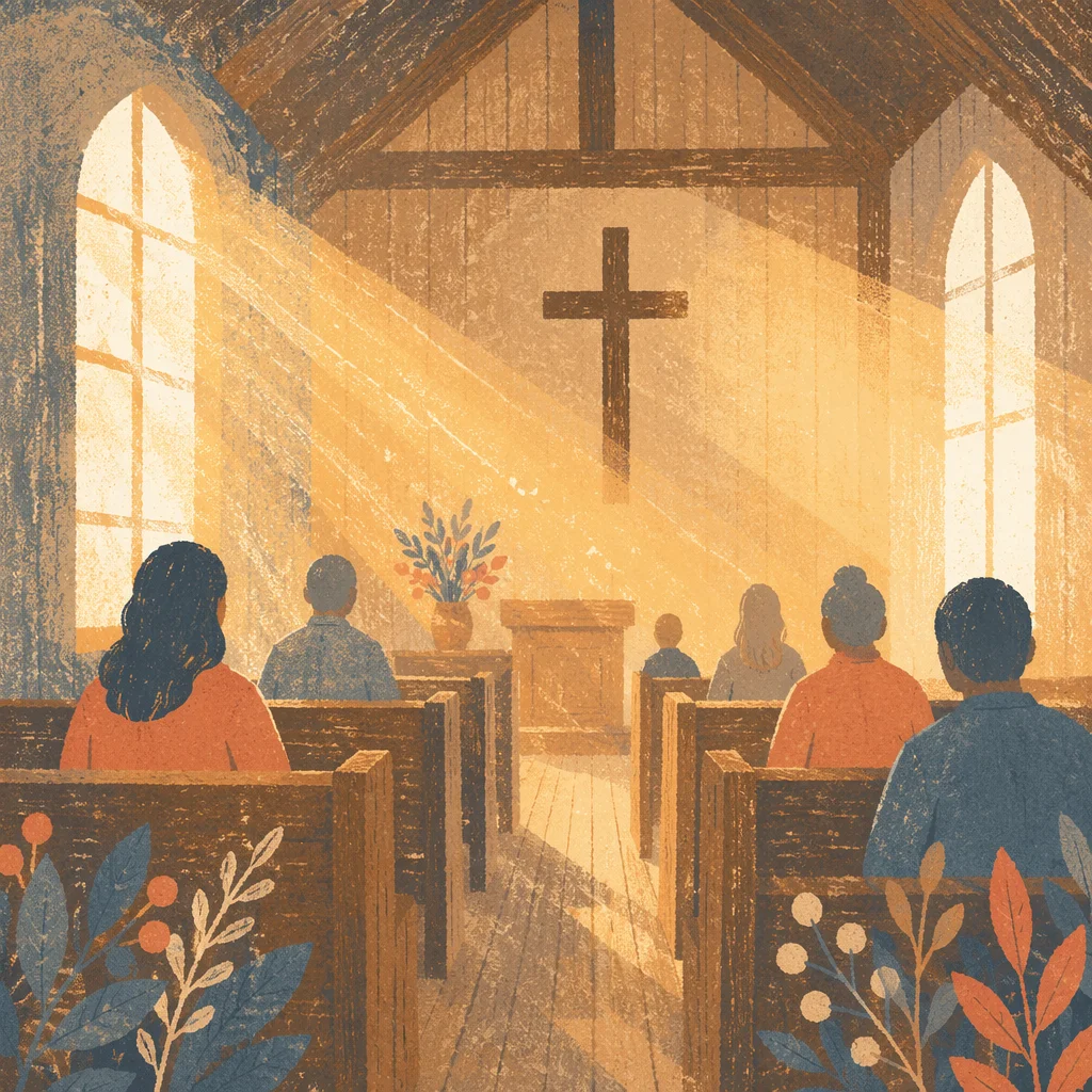 Golden Sunrise Rays in Quiet Wooden Chapel