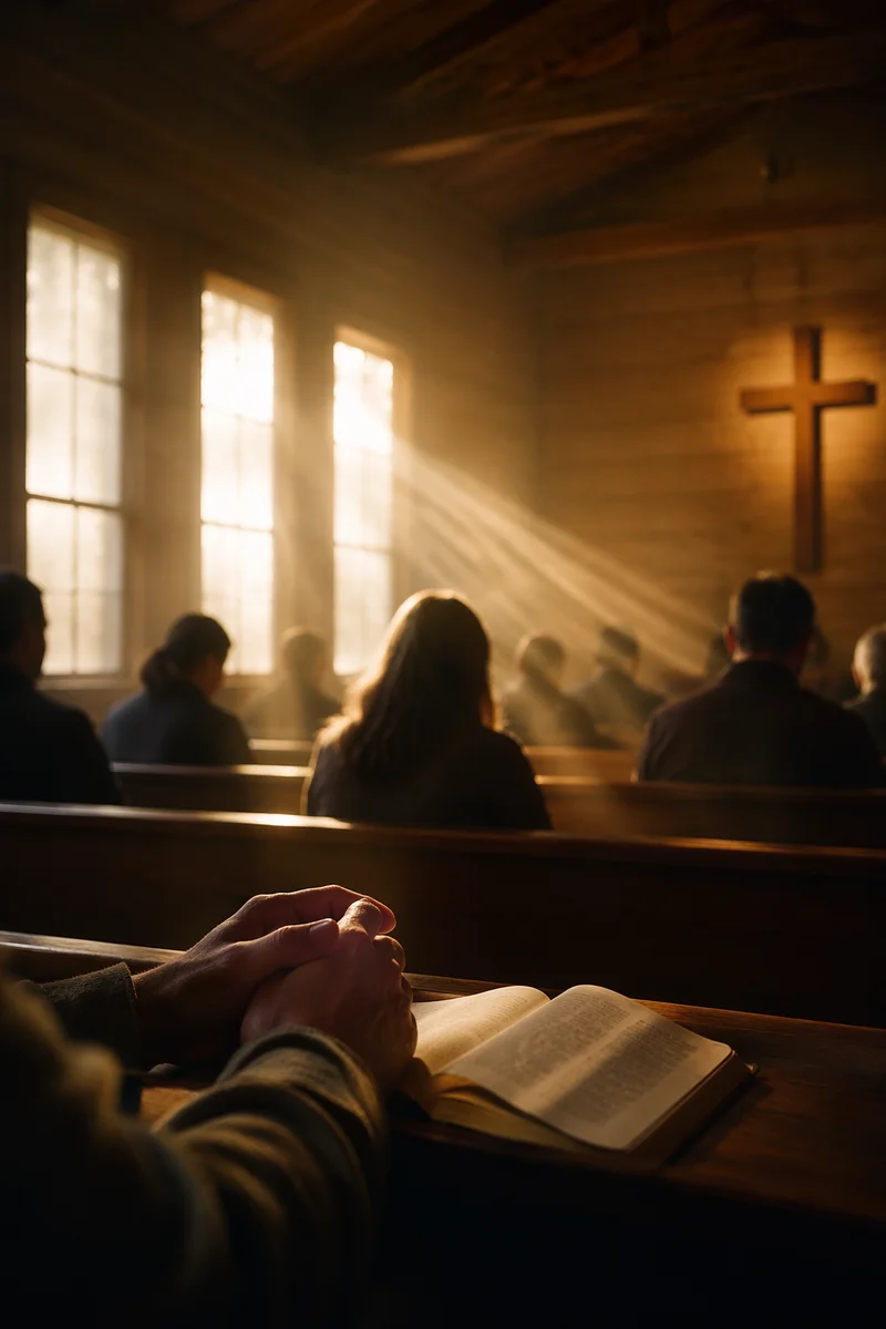 Golden Morning Light Inside Quiet Wooden Chapel