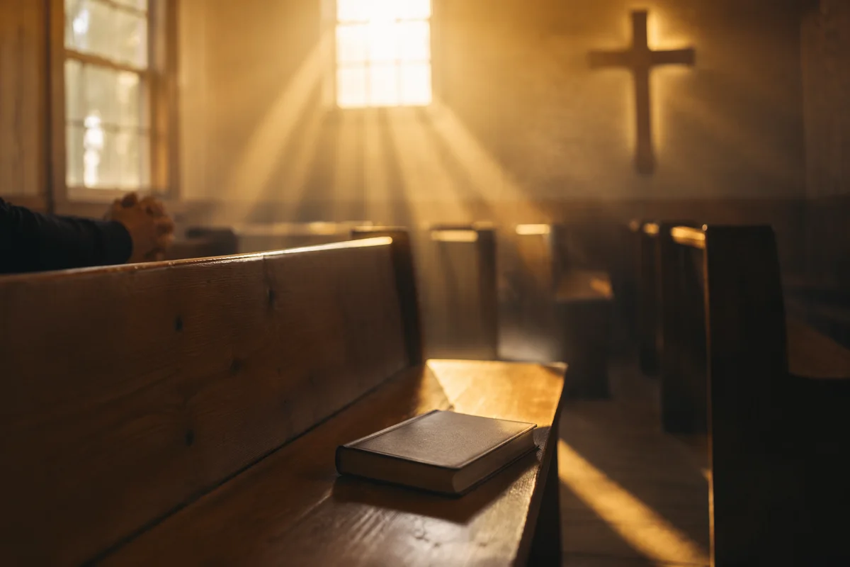 Golden Light Rays in Quiet Wooden Chapel