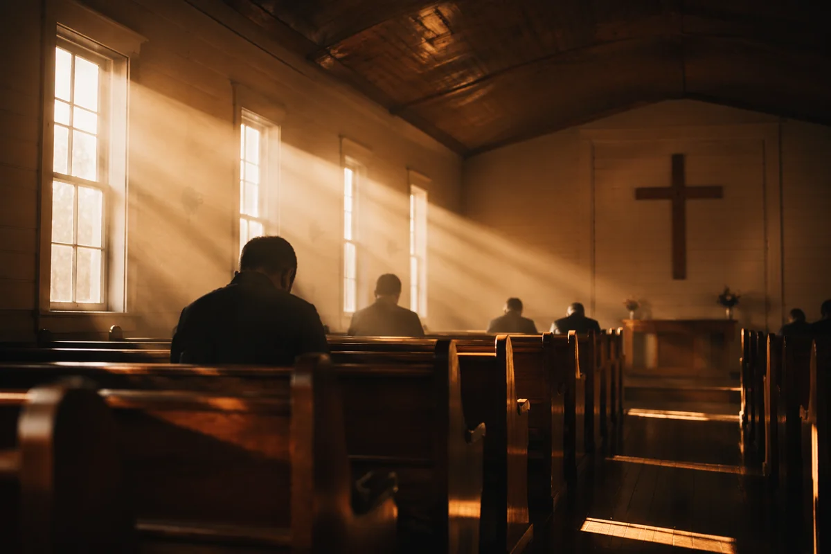 Golden Sunrise Rays in Wooden Chapel