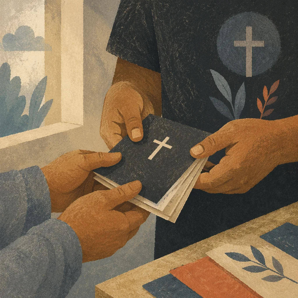 Hands Sharing Gospel Tracts in Church