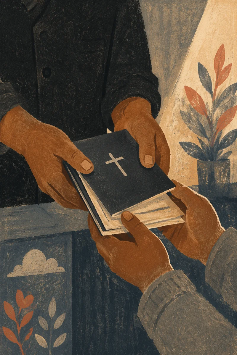 Hands Sharing Gospel Tracts in Church
