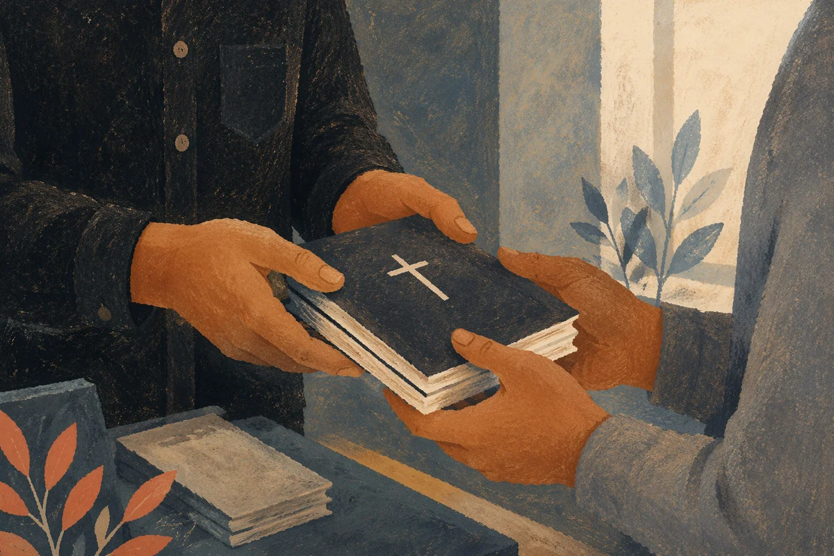 Hands Sharing Gospel Tracts in Church