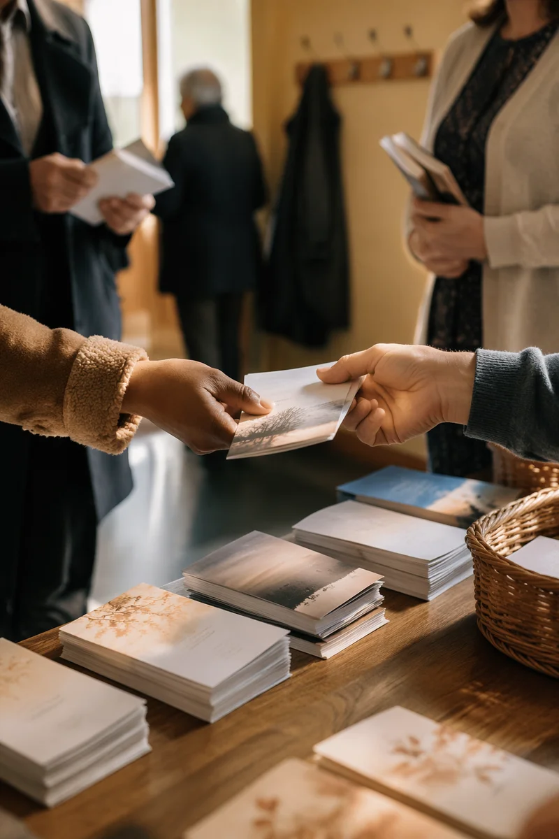 Hands Sharing Gospel Tracts in Church Foyer