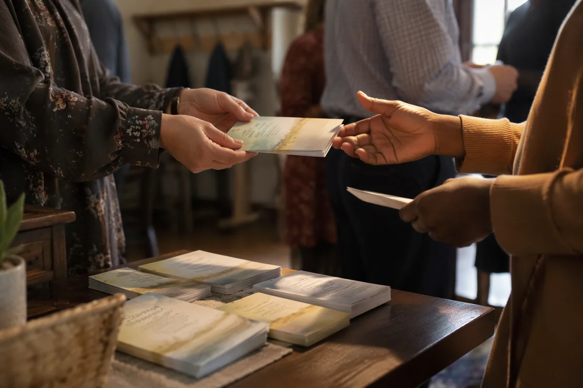 Hands Sharing Gospel Tracts in Church Foyer