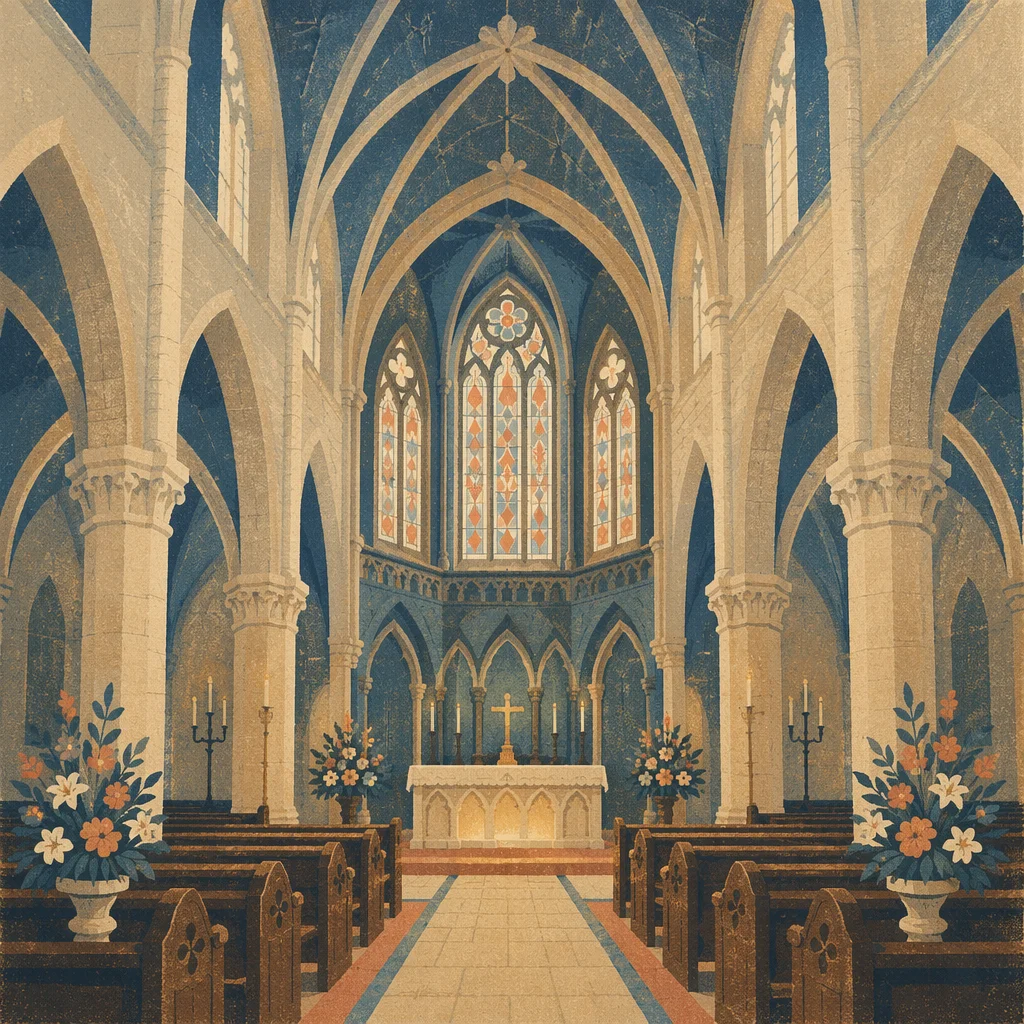 Gothic Church Nave with Glowing Altar