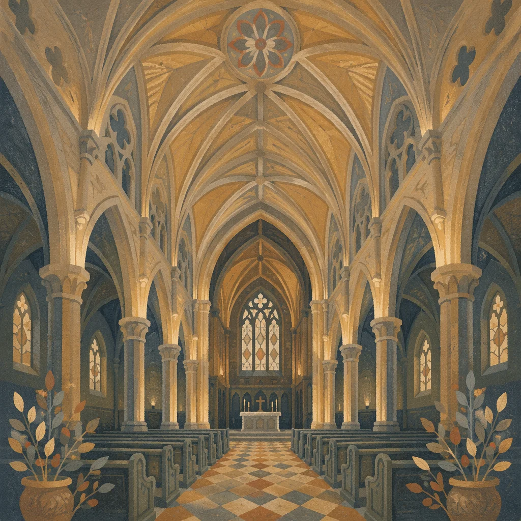 Gothic Church Vaulted Ceiling in Amber Light