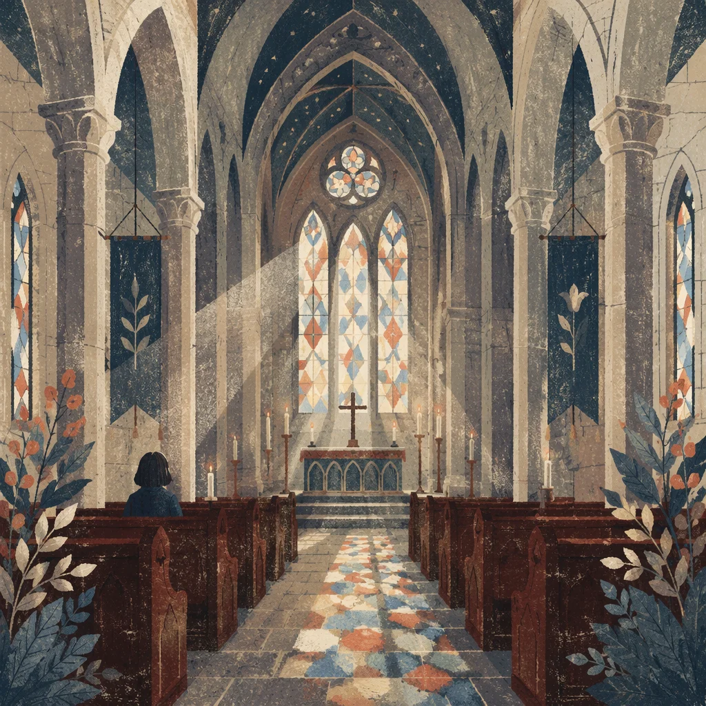Reverent Gothic Church Interior at Dawn