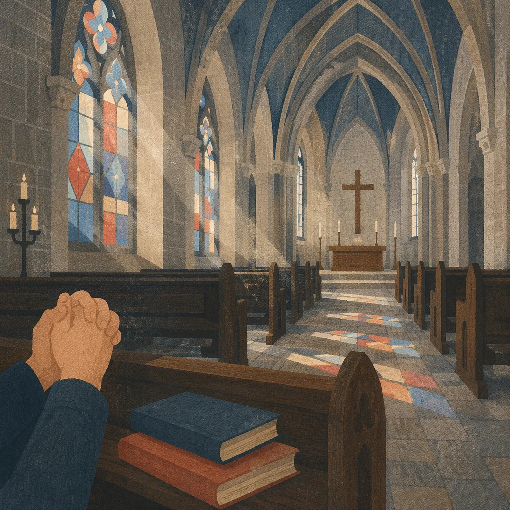 Gothic Church Interior with Prayer Hymnals