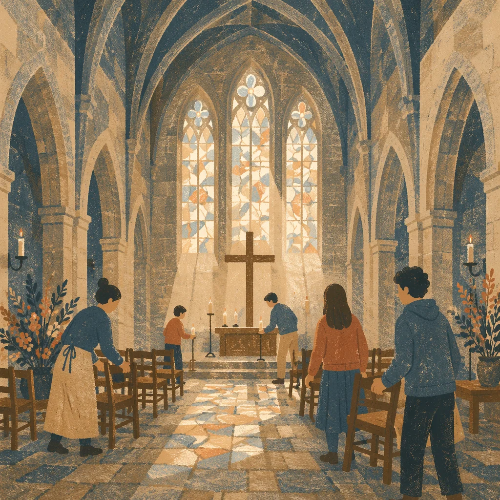 Gothic Church Volunteers Preparing Morning Worship