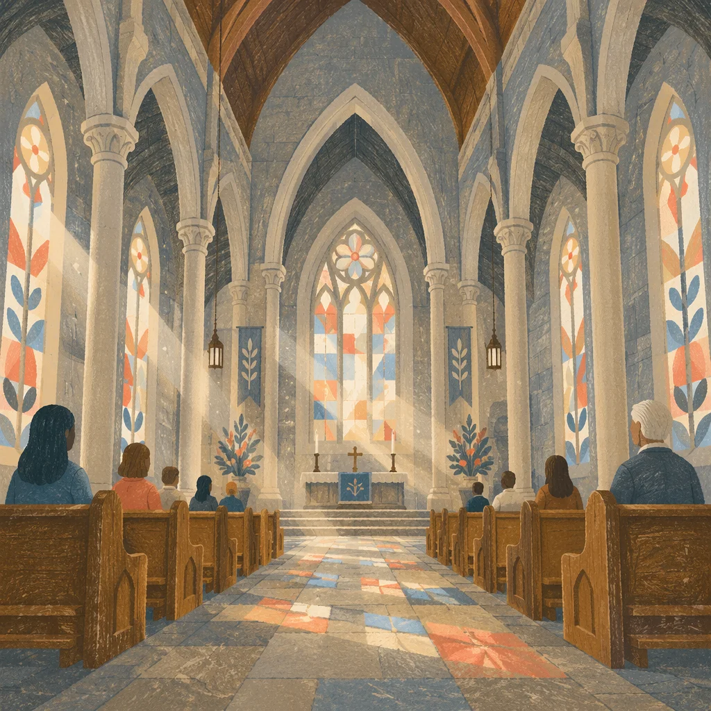Gothic Church Interior with Morning Worshippers