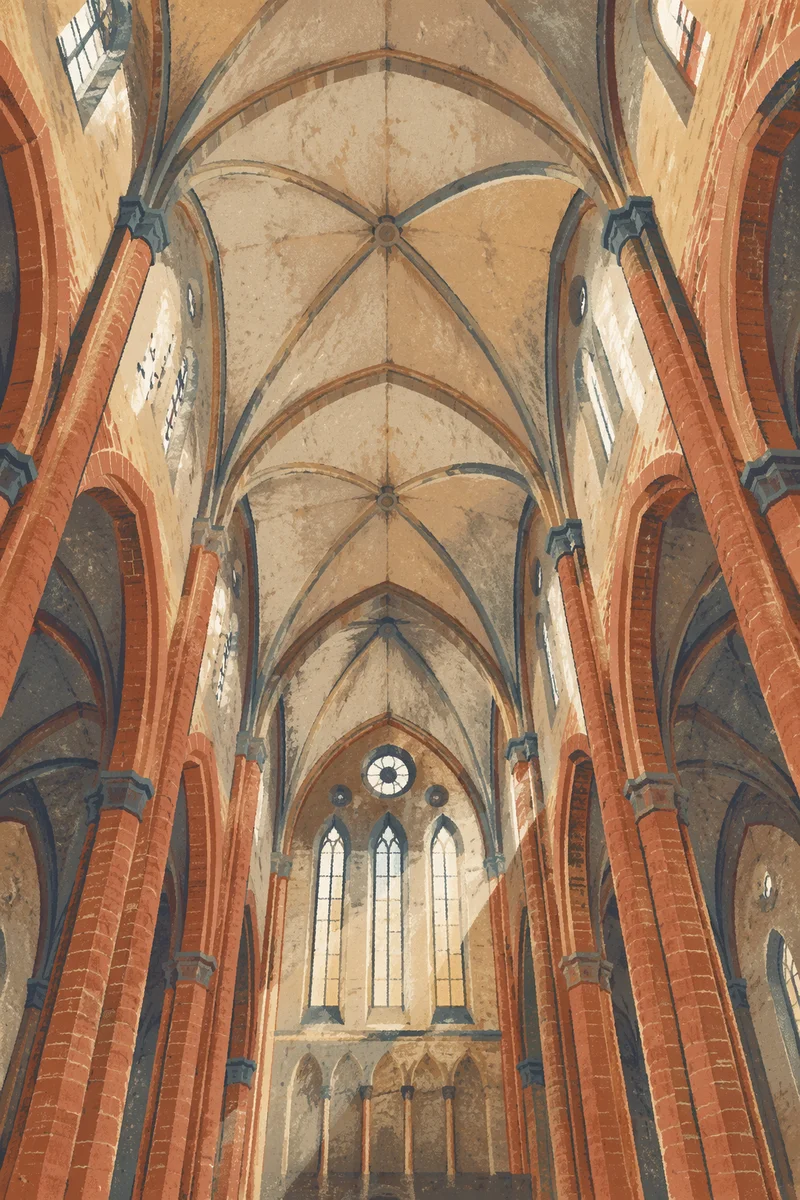 Gothic Church Ceiling With Sunlit Ribbed Vaults