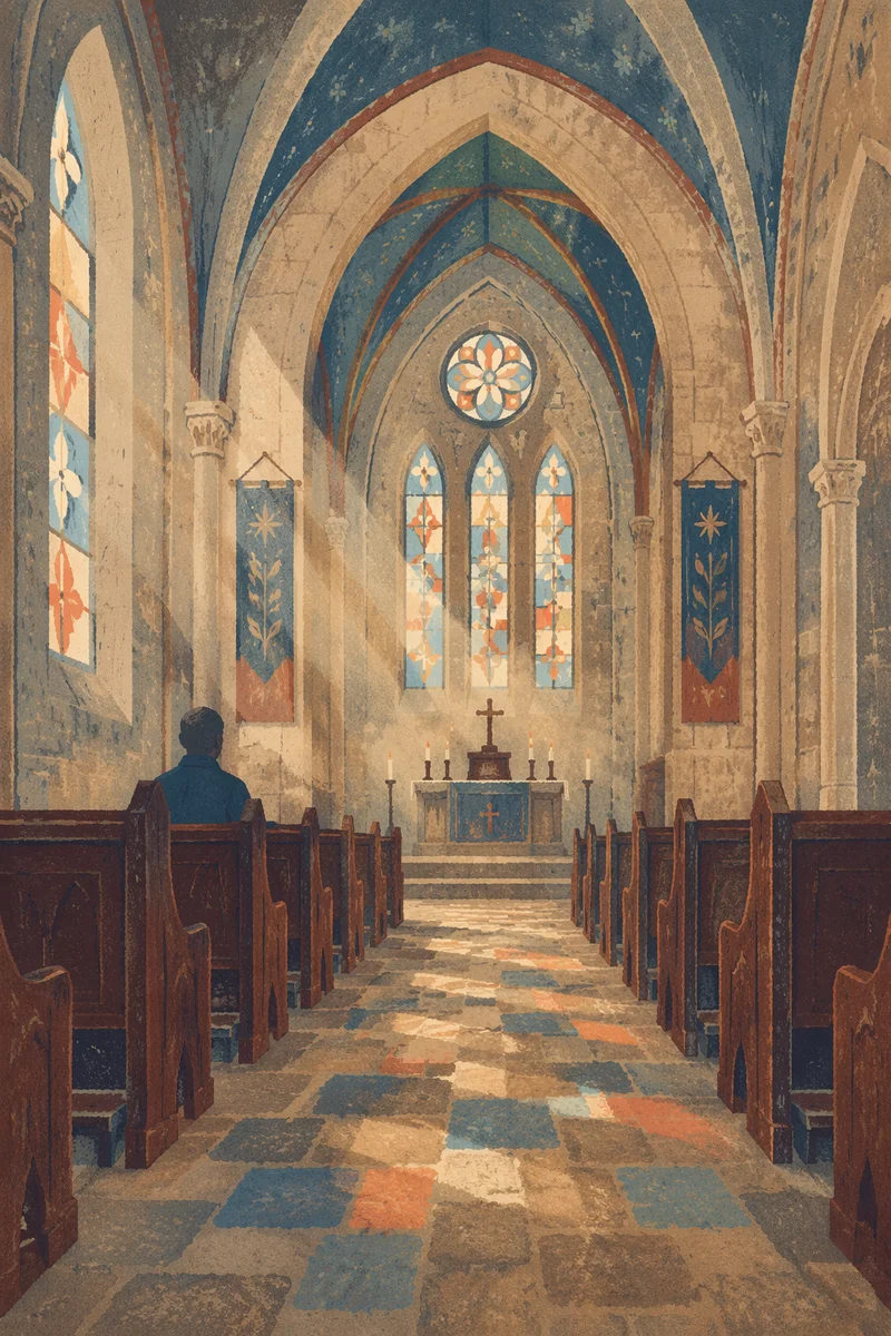 Reverent Gothic Church Interior at Dawn