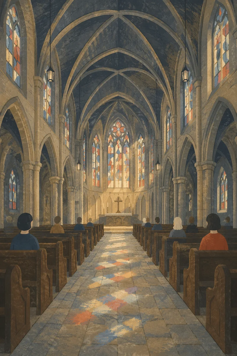 Peaceful Gothic Church Interior with High Ceiling
