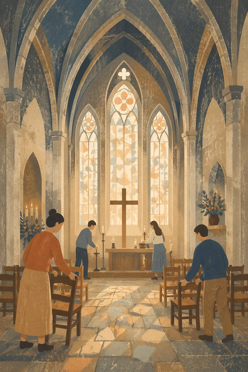 Gothic Church Volunteers Preparing Morning Worship