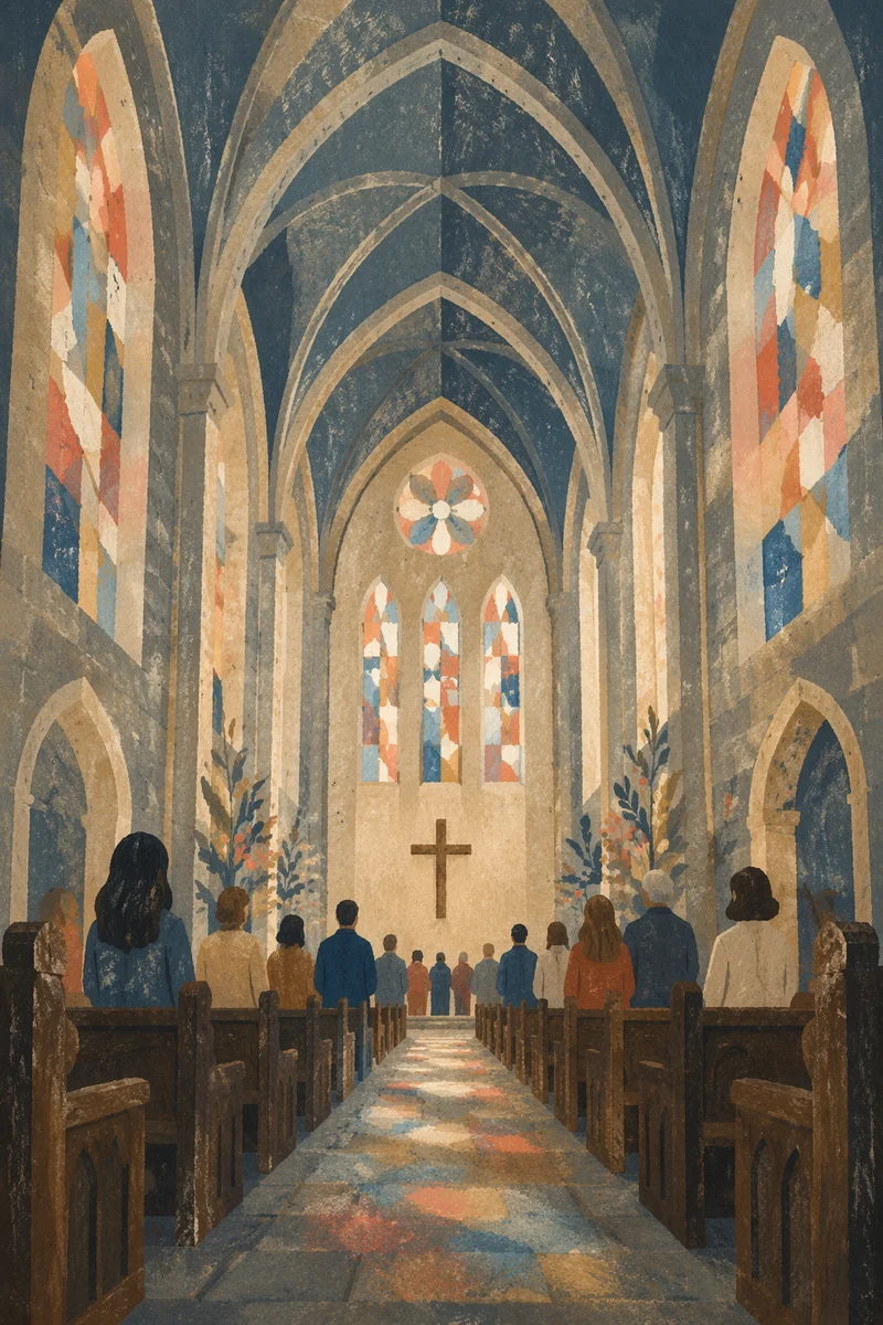 Gothic Church Nave with Morning Worshippers