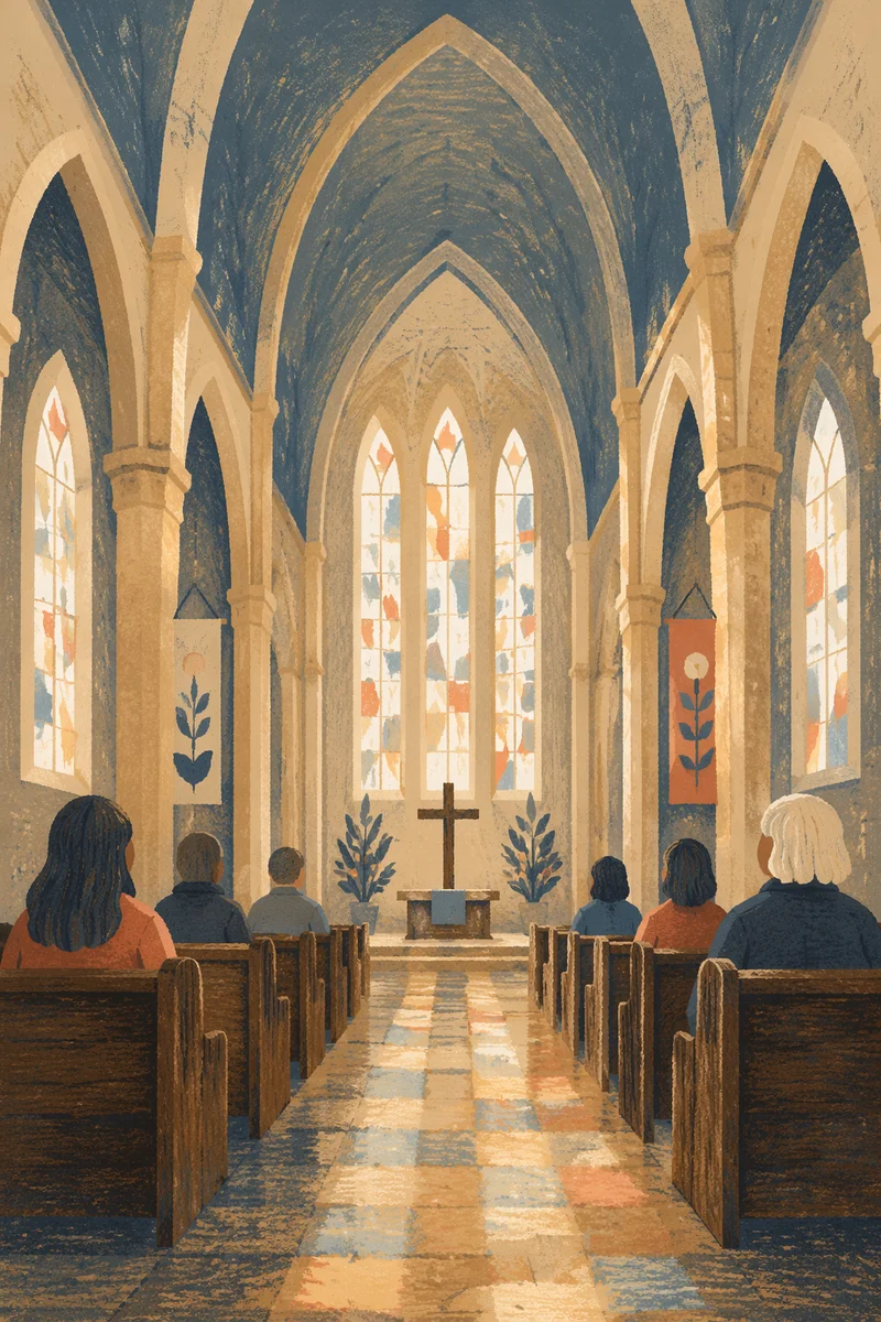 Gothic Church Interior with Morning Worshippers
