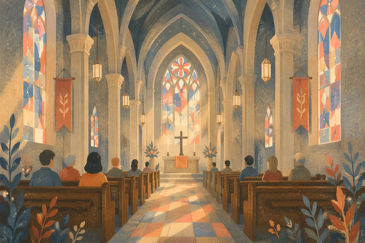 Gothic Church Interior with Morning Worshippers