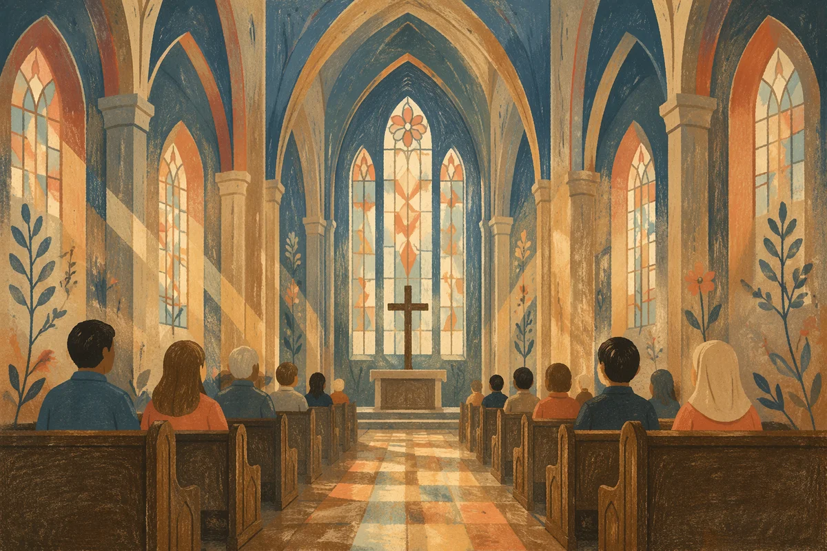 Gothic Church Interior With Quiet Worshippers
